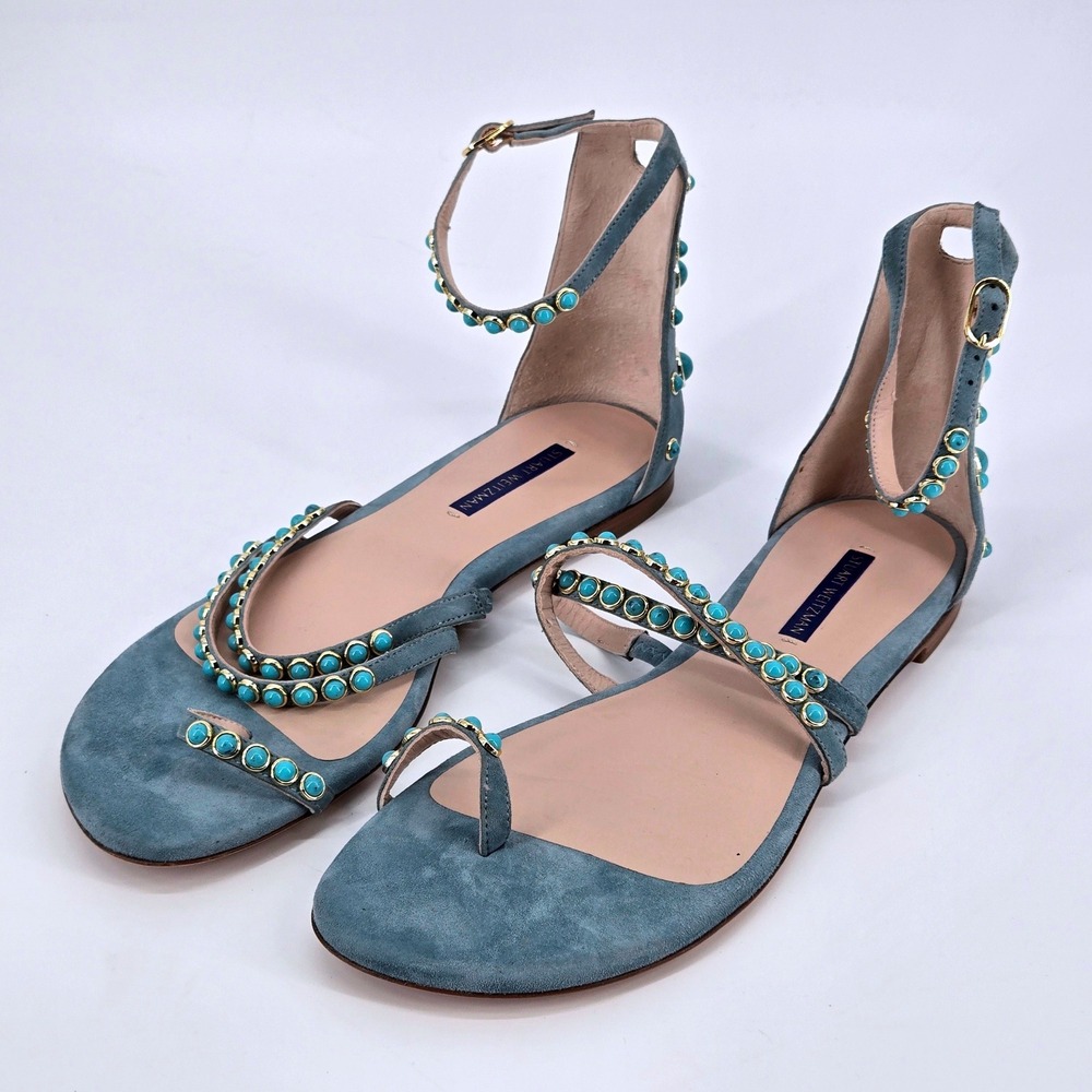 Stuart Weitzman Leya Suede Gladiator Turquoise Cabochon Sandals Spain 10